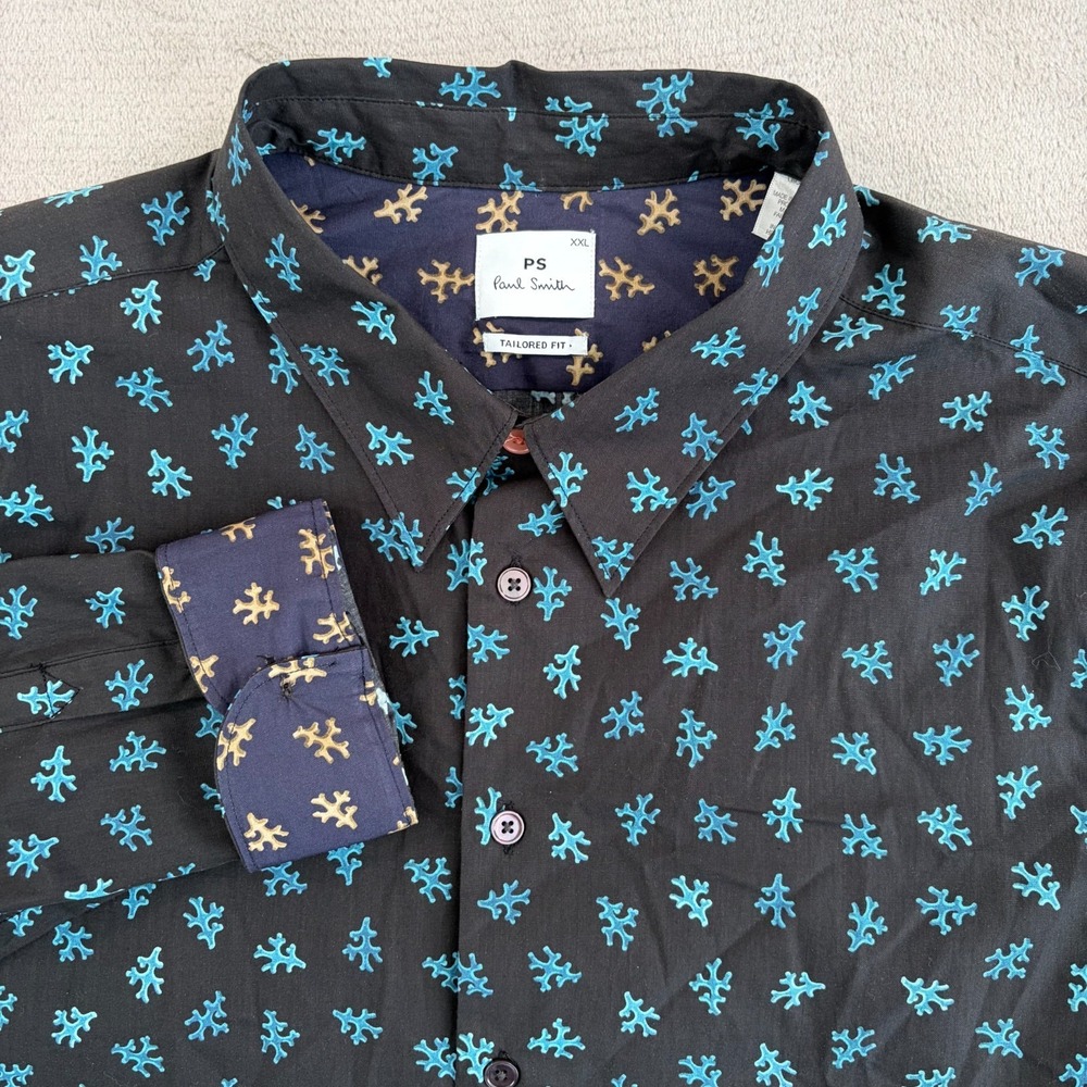 Paul Smith PS Tailored Fit Floral Print Flip Cuff‎ Shirt Black Blue Men 2XL NWOT
